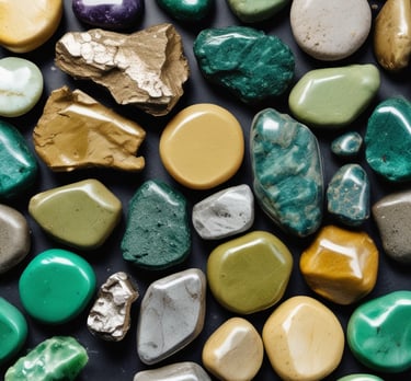 A neatly arranged collection of fashion accessories, including a beige handbag with a metallic clasp and tassel, a small plush teddy bear with a burgundy ribbon, and a pair of black-framed eyeglasses. The items rest on a textured background with floral patterns and typography. Several pieces of jewelry, such as rings, earrings, and a black bracelet, are placed on a magazine with a glossy page featuring more accessories.