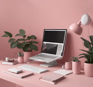 A clean, modern workspace with a laptop displaying a booking calendar and a smiling person scheduling an appointment