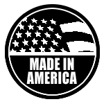 Black and white Made in America circular badge featuring the US flag.