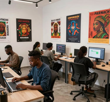 A wide shot of a modern African / Pan-African design studio. Graphic designers are working on large tablets, with event posters and digital artwork displayed on the walls.