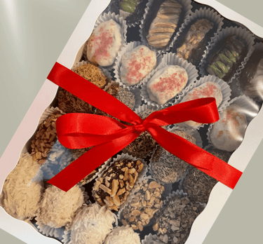 What’s Inside  Box of Belgian Chocolate-Dipped Dates (Assorted Flavors) Naturally sweet dates coated