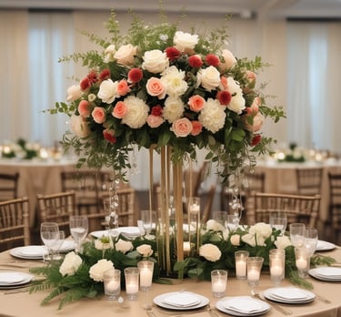 Elegant event décor setup with draped fabrics, candles, and floral centerpieces.
