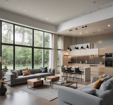 A leek, modern luxury home with large glass windows and a beautifully landscaped front yard at sunset.