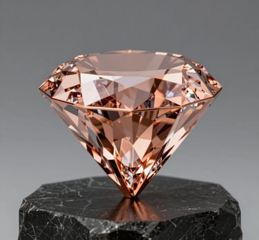 A sculptural 3D render of a rose-gold diamond structure on a dark obsidian pedestal, symbolizing the standard of resilience and strength. North American / US professional aesthetics.