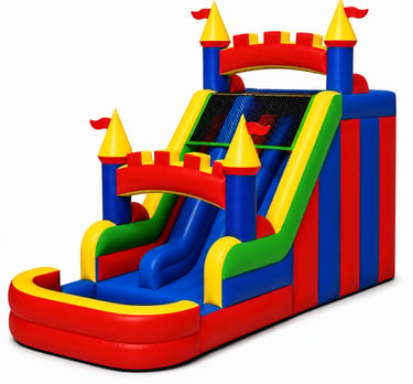Colorful inflatable castle slide with a splash pool for backyard party rentals and kids entertainment.
