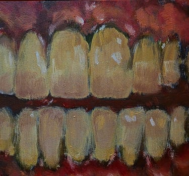 a messy, loose oil painting depicting a close-up picture of yellow teeth, grinning, titled "teeth"