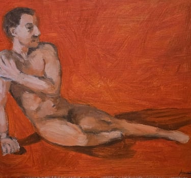an oil painting study of a nude figure sitting on the ground, wounded, orange background.