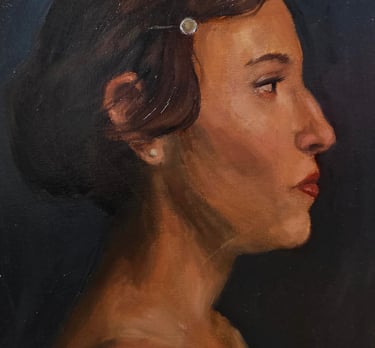a painting of a woman, side profile, hair in a bun, with a hairclip and earring. 