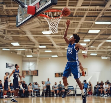 A group of young men playing a game of basketball