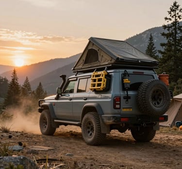 A rugged off-road vehicle parked beside a campfire under a starry night sky in the wilderness.