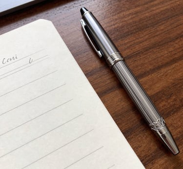 A desk with a fancy pen and paper.