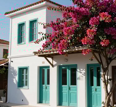 Exterior of a modern, whitewashed building with teal doors and bougainvillea flowers, typical of Bodrum architecture. Sunlit and professional. Turkish / Aegean Coast.