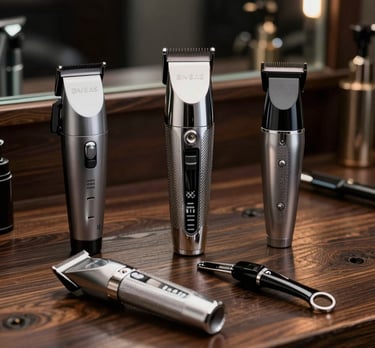 Professional barber tools including clippers and scissors laid out neatly on a wooden table.
