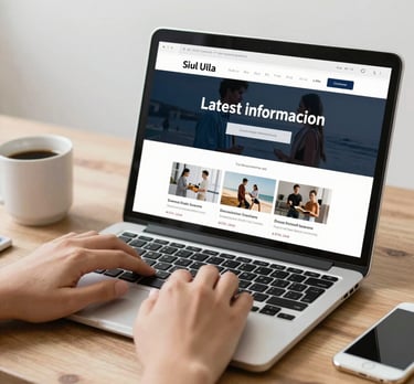 A cozy workspace with a laptop displaying the info vistaa blog homepage, surrounded by notes and a cup of coffee.