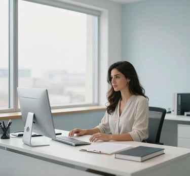 Clean, bright office space with a large window and a professional desk. Minimalist decor in soft light blue and off-white, Latin American / Hispanic context.