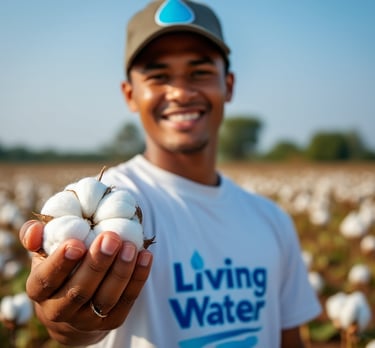A man holding cotton with a Living Water shirt