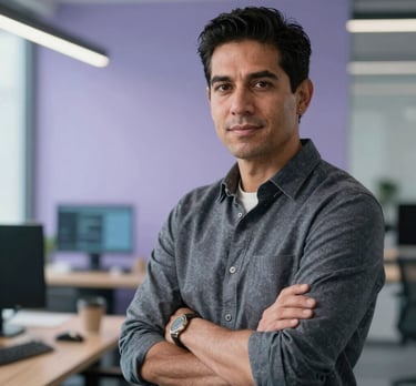 A professional portrait of a Hispanic developer in a modern office, looking confident and sophisticated. Soft natural lighting, blurred background of a tech workspace with lavender blue gray tones.