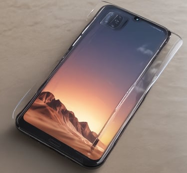 Various sizes of durable phone screen protectors displayed on a wooden table.