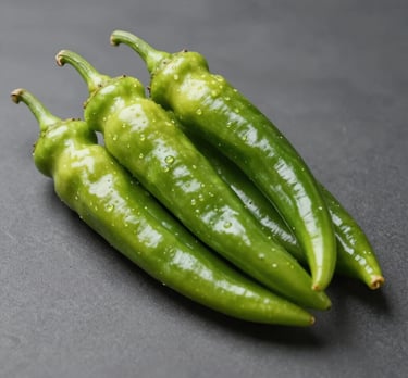 Fresh Samandağ peppers hanging on a vine in a sunlit garden.