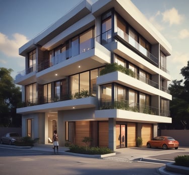 A sleek, modern home exterior with clean lines and subtle gold accents under soft lighting.