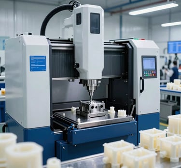 A close-up of a skilled technician inspecting a high-precision metal component in a clean industrial setting.