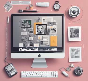 A colorful workspace with sketches, a laptop displaying a vibrant website, and design tools scattered around.