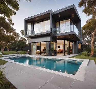 A warm, modern home with clean lines nestled in a vibrant Victoria neighborhood during sunset.