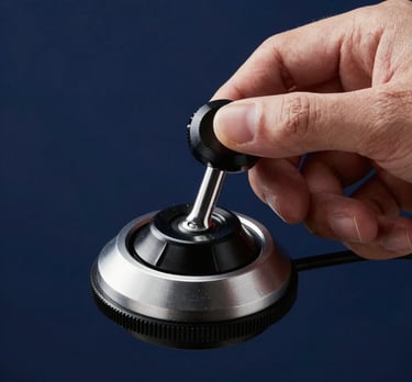 Close-up of a hand using a high-precision editing jog wheel. Steel blue backlight, dark navy environment, professional studio vibe.