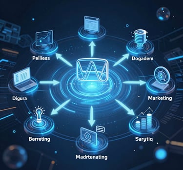 Digital marketing ecosystem diagram showing interconnected business data icons and analytics tools.