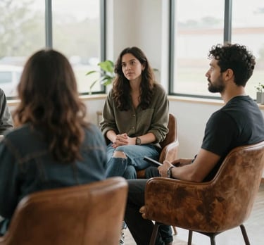 A candid shot of a North American creative meeting in a bright studio, featuring earthy brown leather chairs and large windows.