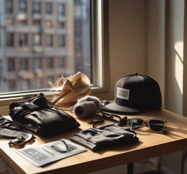 A flat lay of accessories including scarves, hats, and minimalist jewelry on a wooden table