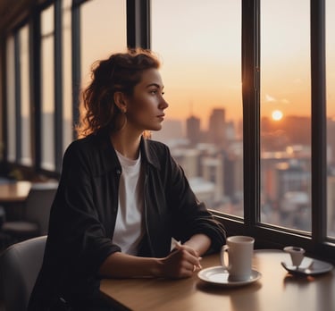 A stylish woman wearing a relaxed-fit blouse, standing by a sunlit window