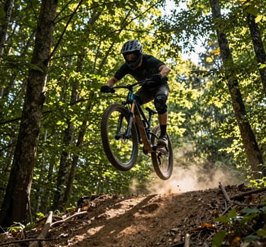 A mountain bike rider mid-air over a natural forest jump, dust kicking up, vibrant green foliage of the Moldovan Codri forest, dramatic afternoon sunlight filtering through tree branches.