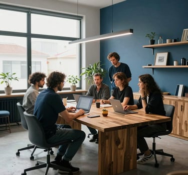 A professional wide shot of the Palavrobjetiva studio team in Lisbon, collaborating around a large wooden table. Modern workspace with large windows, slate blue accents, and professional decor. Atmosphere is serious yet creative.