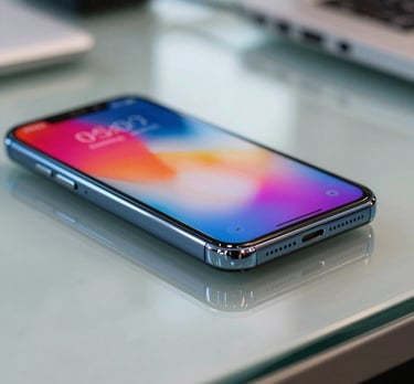 Close-up photograph of a smartphone's edge showing a vibrant, colorful Android screen reflection on a glass desk. North American / US corporate office setting.