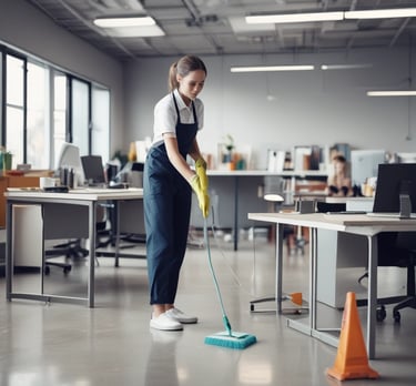 A professional cleaner working in an office environment.