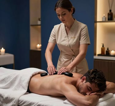 A tranquil spa room bathed in deep sapphire blue and soft champagne gold lighting, featuring aromatic oils and smooth hot stones arranged for a premium massage experience.