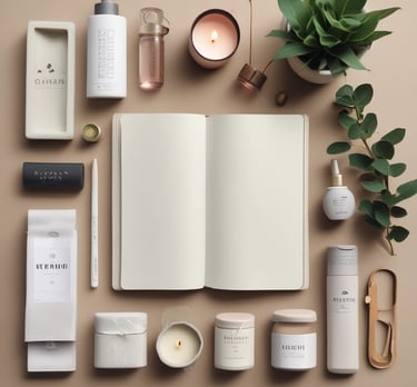 Natural wellness products like essential oils and calming bath salts arranged on a wooden surface.