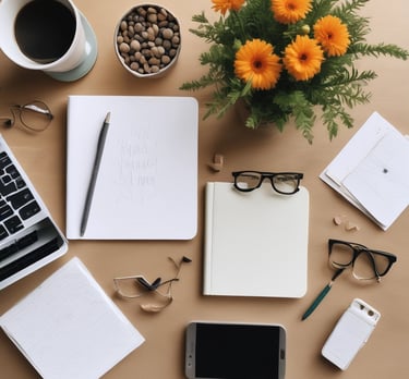 Cozy scene of a journal with a pen, a cup of tea, and soft morning light streaming in through a window.