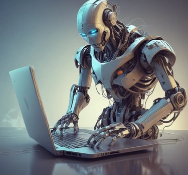 A sleek workspace with a laptop displaying code and AI graphics, surrounded by tech gadgets and notes.