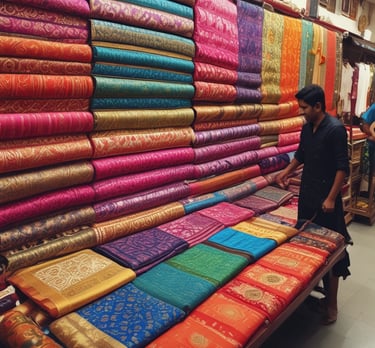 A vibrant collection of colorful Banarasi sarees hanging in a sunlit boutique, showcasing their detailed patterns.