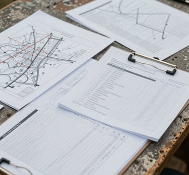 Close-up overhead of site assessment documents spread on a weathered field table — hand-drawn site maps, water-quality data sheets, and a clipboard with regulatory checklist, overcast natural light, muted ochre and slate tones
