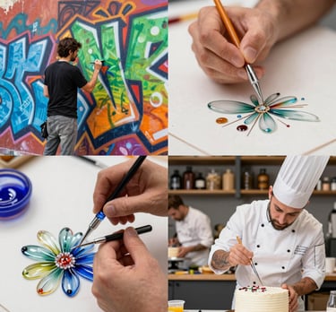 A vibrant collage showing a graffiti artist painting a colorful mural, a glass painter crafting delicate designs, and a pastry chef decorating an intricate cake.