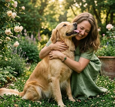 Golden Retriever dog and owner representing health for all through sustainable pet care