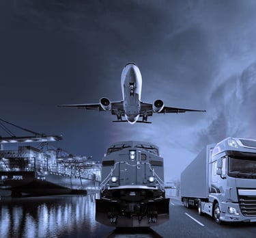 "Transportation logistics with airplane, freight train, cargo ship and delivery truck"