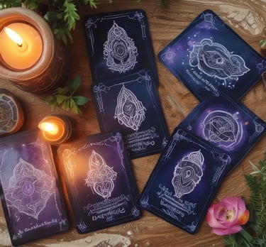 A clear quartz crystal stands upright on a circular, decorative mandala-patterned base. The background includes a soft fabric pouch with a geometric design and a round card with text, adding to the aesthetic appeal.