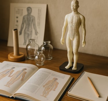 Curso de Formação Completa em Acupuntura da Solução de Impacto, com boneco e ventosas médicas.