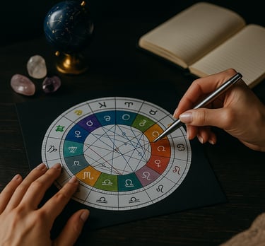 Curso de Formação Completa em Astrologia da Solução de Impacto, com mão apontando mapa astral.