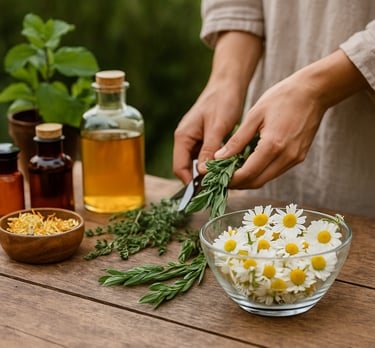 Curso de Formação Completa em Fitoterapia da Solução de Impacto, com ervas, flores e frascos.