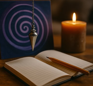 Curso de Formação Completa em Hipnoterapia da Solução de Impacto, com pêndulo e vela acesa.